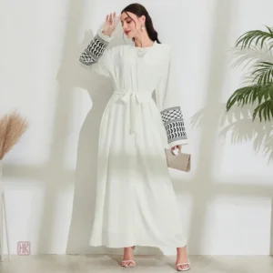 Abaya Kimono Blanche à Motifs Graphiques