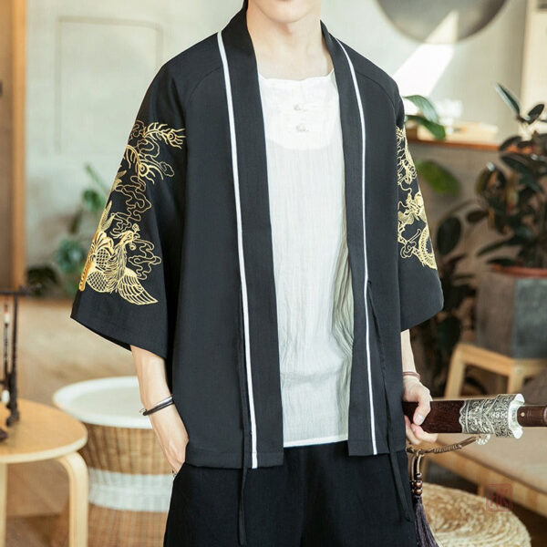 cardigan-kimono-japonais-dragon-dore-1 Cardigan Kimono Japonais avec motif de dragon doré