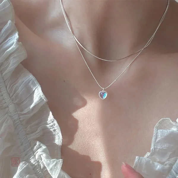 Collier double chaînes avec motif en cœur pour femme tendance