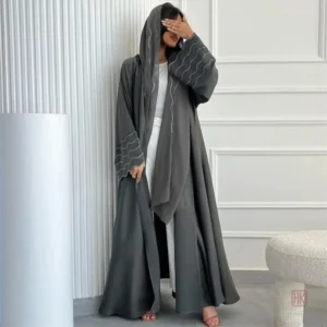 Abaya Kimono Gris élégant avec hijab assorti