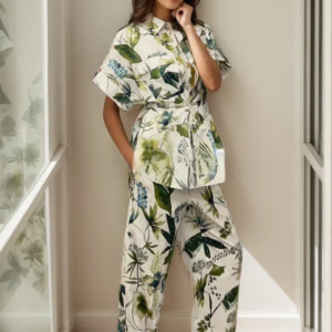 Ensemble Kimono à motifs feuilles élégant et coloré