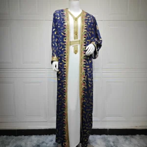 Abaya Kimono élégante en bleu et or
