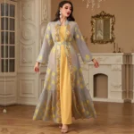 Ensemble Kimono Abaya Jaune Brodé élégant