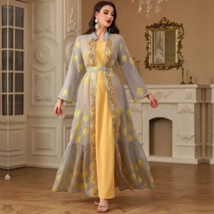 Ensemble Kimono Abaya Jaune Brodé élégant