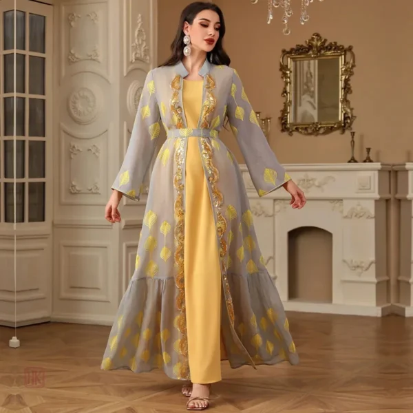 ensemble-kimono-abaya-jaune-brode-1 Ensemble Kimono Abaya Jaune Brodé élégant