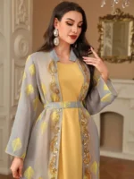 Abaya Kimono jaune avec broderies raffinées