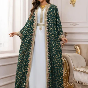 Abaya Kimono élégante en vert avec des accents dorés