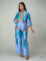 Ensemble Kimono Bleu à Feuillages élégant et stylé