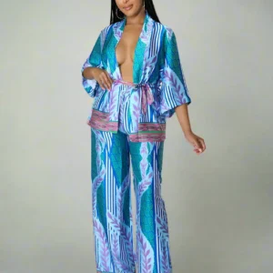 Ensemble Kimono Bleu à Feuillages élégant et stylé