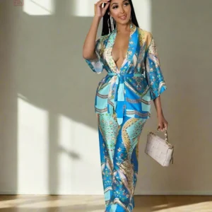Ensemble Kimono Bleu Coloré avec motifs vibrants