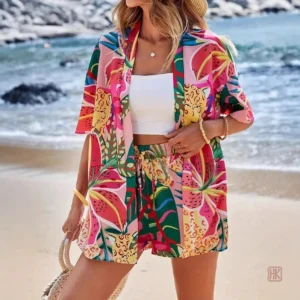 Pyjama kimono femme aux motifs tropicaux vibrants