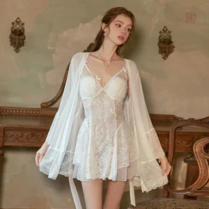 Ensemble Kimono Blanc Dentelles à Volants pour Femme