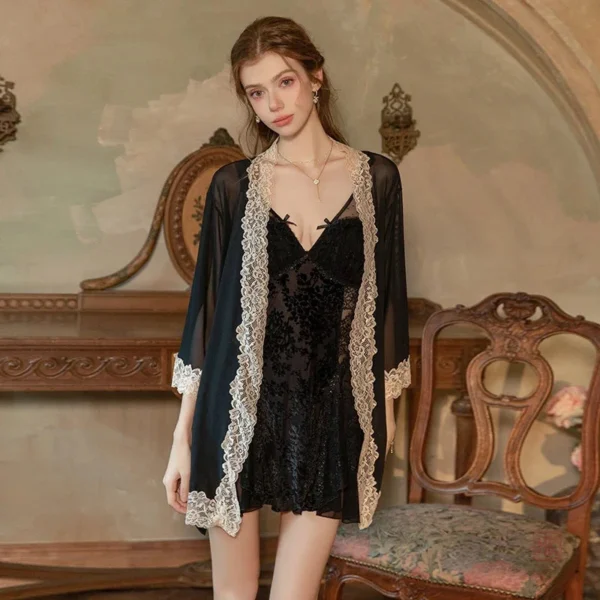 ensemble-kimono-de-nuit-noir-dentelles-1 Ensemble Kimono de Nuit Noir avec Dentelles