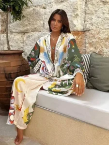 Ensemble Kimono léger blanc et vert, mode estivale
