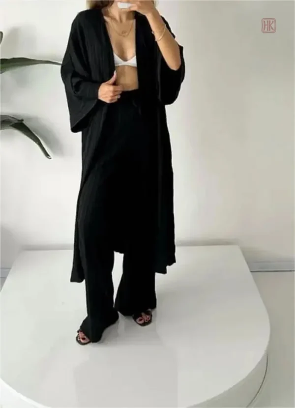 ensemble-kimono-long-plisse-noir-1 Ensemble Kimono Noir Long Plissé