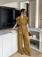 Ensemble kimono d'été, couleur moutarde, parfait pour les journées chaudes