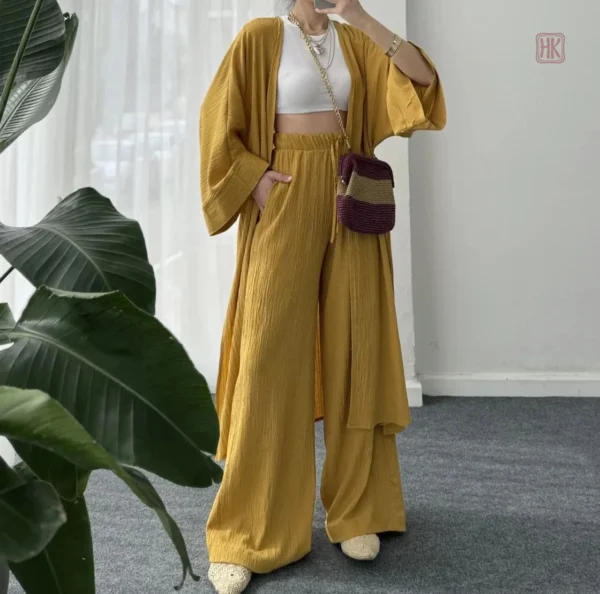 ensemble-kimono-plisse-jaune-confortable-1 Ensemble Kimono Jaune Plissé Confortable
