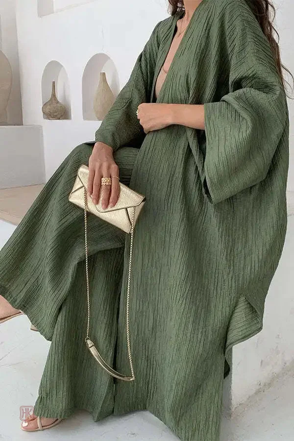 ensemble-kimono-vert-decontracte-fluide-1 Ensemble Kimono Vert Décontracté Fluide