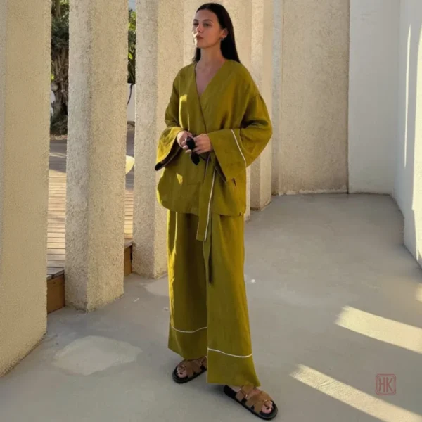 Kimono Fluide en Coton Vert pour Pyjama