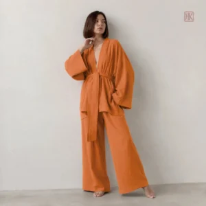 Ensemble pyjama femme orange fluide en kimono