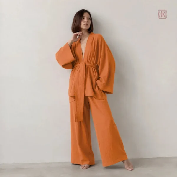 ensemble-pyjama-femme-orange-fluide-1 Ensemble pyjama femme orange fluide en kimono