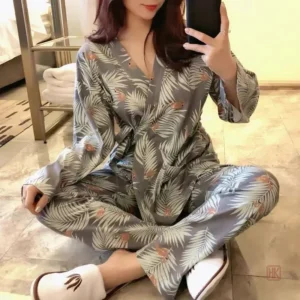 Ensemble Pyjama Kimono Feuillages pour Femme