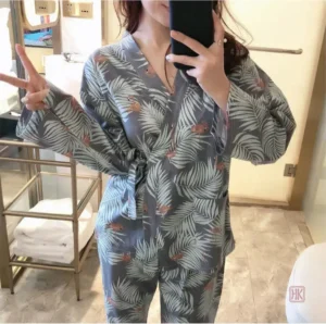Pyjama Kimono Femme avec motifs de feuillage
