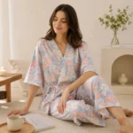 Ensemble pyjama kimono bleu floral pour femme
