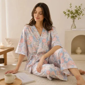 Ensemble pyjama kimono bleu floral pour femme