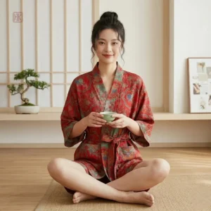 Pyjama kimono court en coton, couleur rouge vif