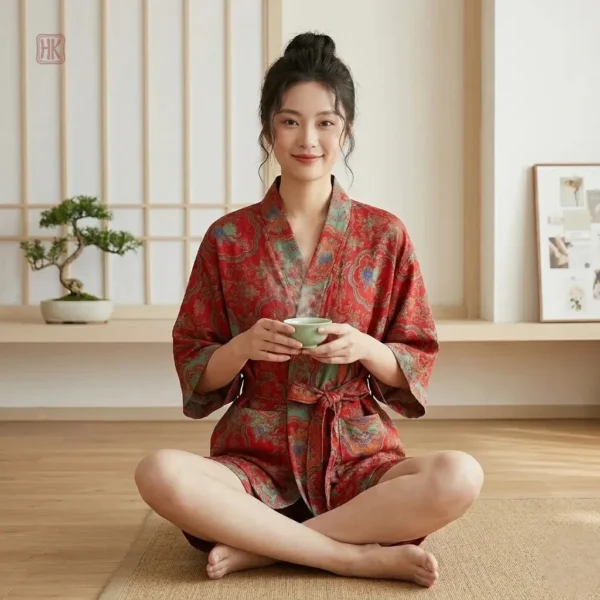 Pyjama kimono court en coton, couleur rouge vif