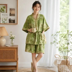 Ensemble pyjama short fleuri vert pour femme