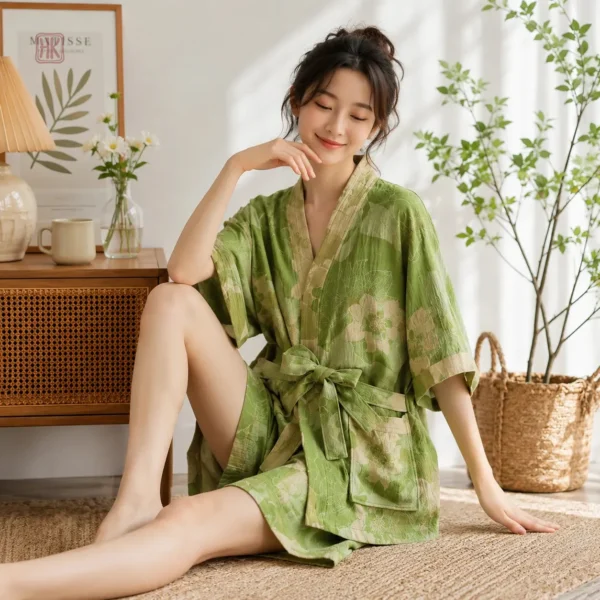 Pyjama kimono court avec motif floral vert