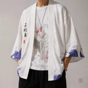 Haori homme imprimé motif mer agité, veste kimono élégante