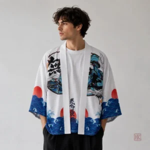 Haori japonais avec motif de grue pour homme