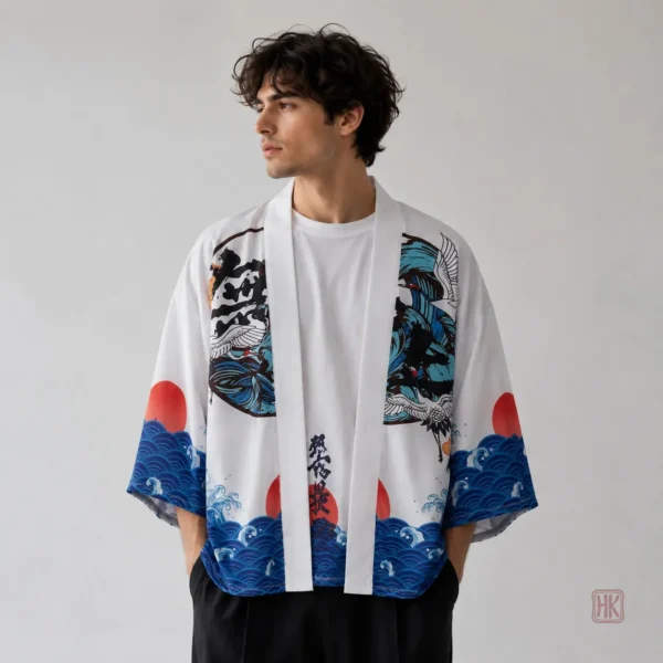 haori-japonais-grue-1 Haori japonais avec motif de grue pour homme