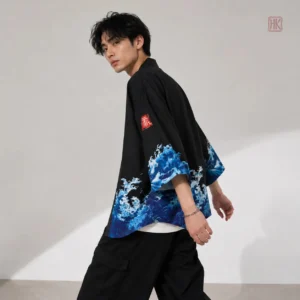 Haori noir pour homme, style kimono traditionnel