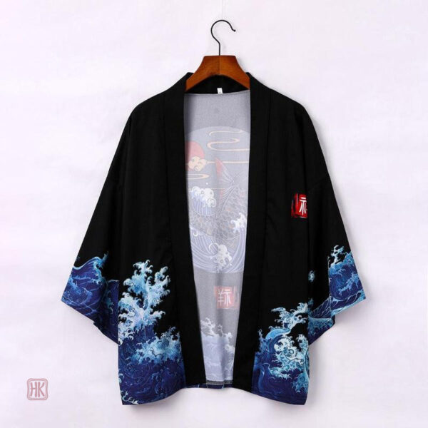 Veste kimono homme en noir, design élégant Koï
