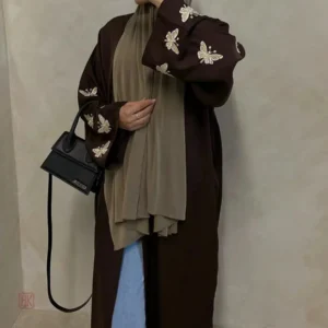 Kimono Abaya marron avec motif papillons