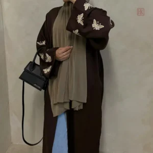 Abaya Kimono stylée en marron et motifs de papillons
