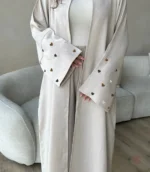 Abaya en lin beige, style kimono élégant