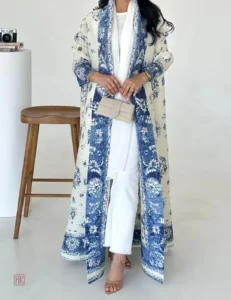 Kimono Abaya Blanc avec Motifs Bleus