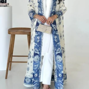 Kimono Abaya Blanc avec Motifs Bleus