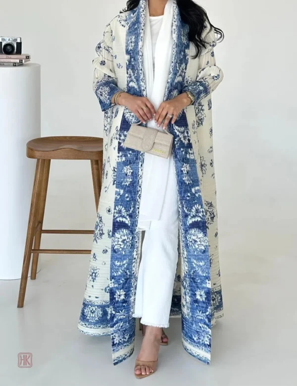 Kimono Abaya Blanc avec Motifs Bleus