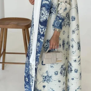 Abaya Kimono Élégante en Blanc et Bleu