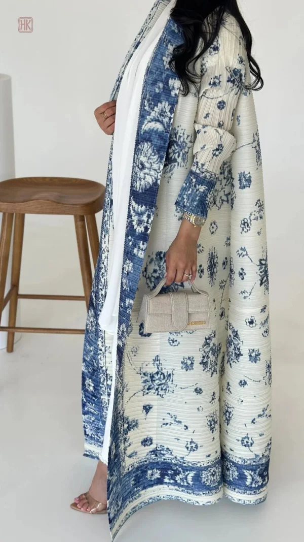 Abaya Kimono Élégante en Blanc et Bleu