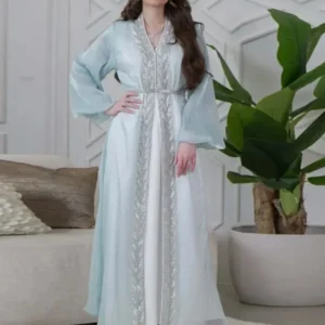 Kimono Abaya Bleu à Manches Bouffantes