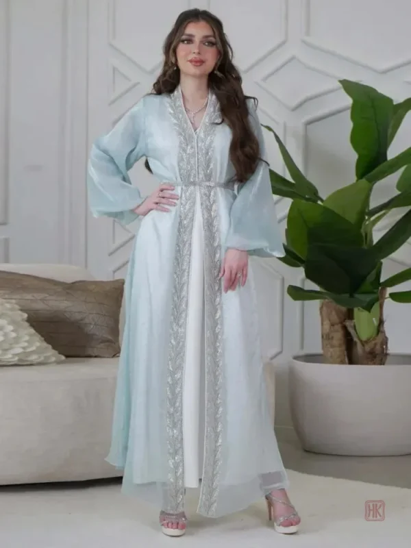 kimono-abaya-bleu-a-manches-bouffantes-1 Kimono Abaya Bleu à Manches Bouffantes