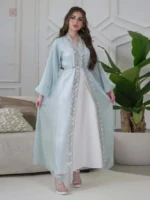Abaya Kimono Bleu avec Manches Bouffantes