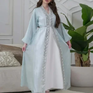 Abaya Kimono Bleu avec Manches Bouffantes